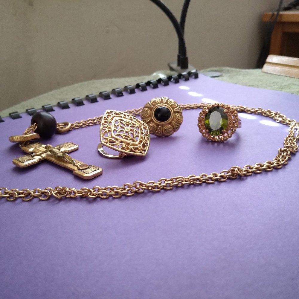 ROME Italy 20 inch chained catholic cross with emerald ring and two clip on pins